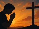 Imagem representando fé cristã: jovem orando ao lado de uma cruz durante o pôr do sol