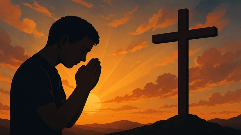 Imagem representando fé cristã: jovem orando ao lado de uma cruz durante o pôr do sol